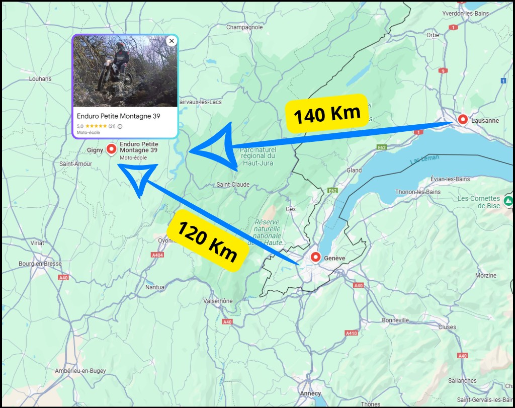 Carte montrant la localisation d'Enduro Petite Montagne dans le Jura, à 1h30 de Genève et 2h de Lausanne